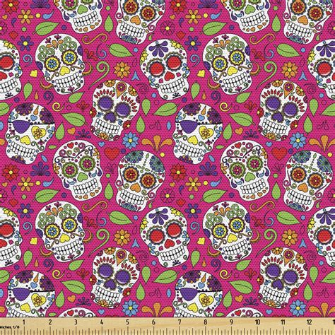 Sugar Skull Fabric by the Yard, All Saints Day Oriental Mexican Flowers Hearts Vibrant Design ...