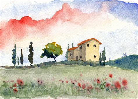 italian watercolor landscape Tuscan Spring II fine art