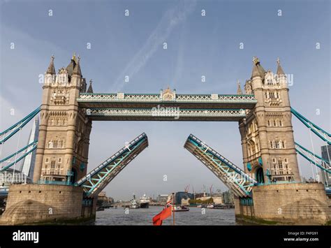 Tower Bridge open, front view from the River Thames, London, England Stock Photo - Alamy