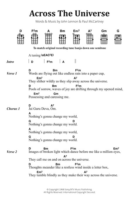 Across The Universe by The Beatles Sheet Music for Banjo Chords/Lyrics at Sheet Music Direct