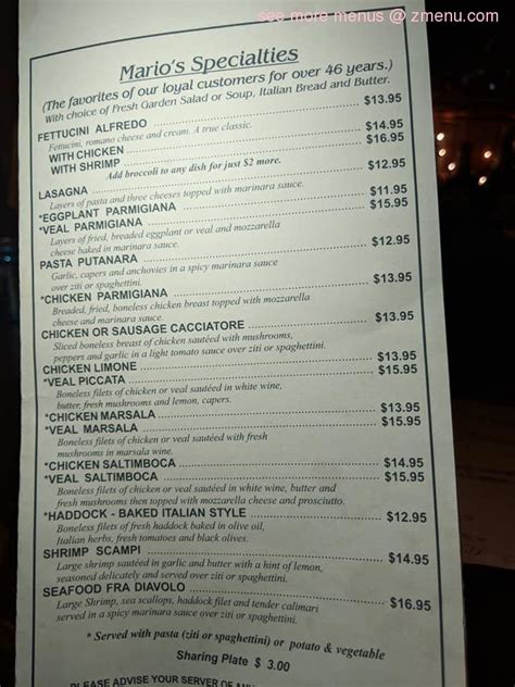 Menu at Mario's Restaurant, Southbridge