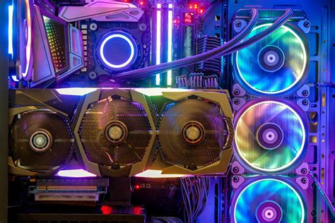 inside desktop pc gaming and cooling fan cpu with multicolored led rgb light show status on ...