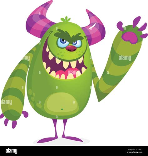 Green angry cartoon monster. Green and horned vector alien character. Halloween design Stock ...