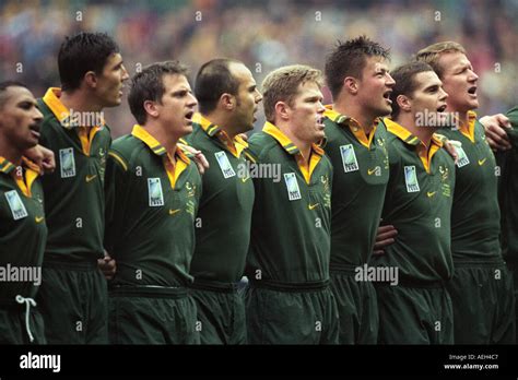 South African rugby team singing their national anthem before an international match at ...