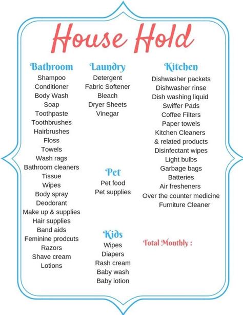 a house hold poster with the names of household items in red, white and ...