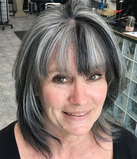 Black and Gray Shag with Bangs | Gorgeous gray hair, Gray hair growing ...