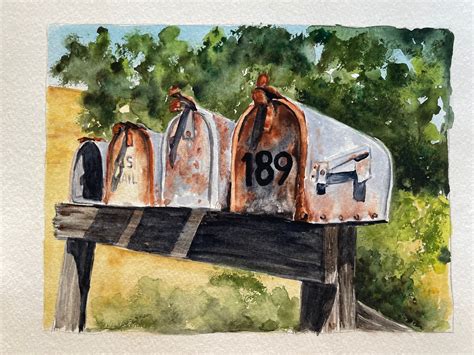 Old Rustic Mailboxes Painting Country Painting in Navy Blue - Etsy