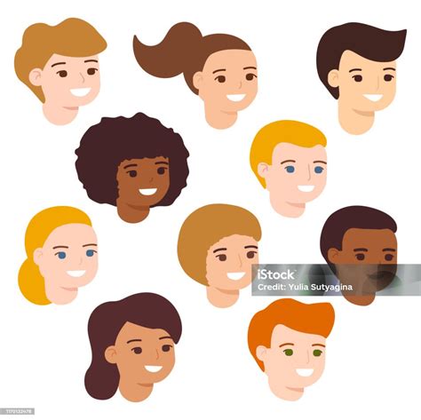 Set Cartoon Happy Multicultural Children Girl And Boy Avatar Cute Diverse Kids Faces Vector ...