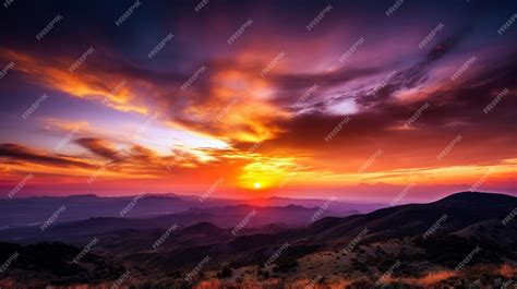 Premium Photo | A sunset over the mountains with a purple sky and clouds