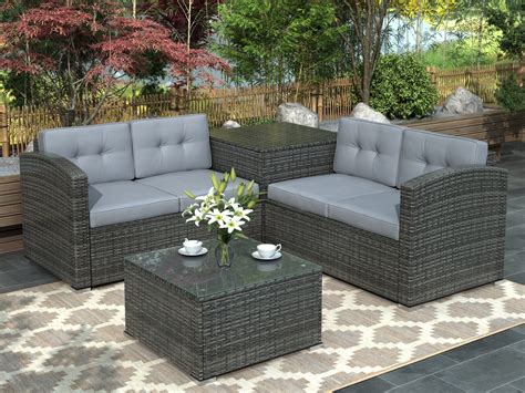 enyopro Patio Rattan Sectional Couch Set, 4 Piece Outdoor Wicker ...