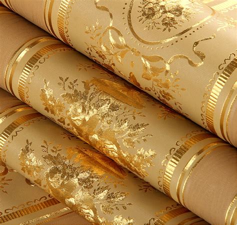 European Luxury Floral Striped Wallpaper Waterproof Embossed Gold ...