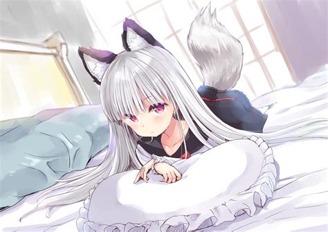 anime, blush, gray hair, long hair, animal ears, bed, socks, cat girl, tail, red eyes, HD ...