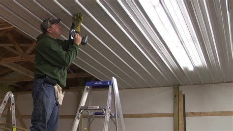 Pole Barn Menard's Pro-Rib Steel Ceiling Install with PanelLift Drywall lift - YouTube