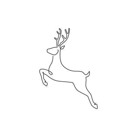 One continuous line drawing of jumping wild reindeer for national park logo identity. Elegant ...