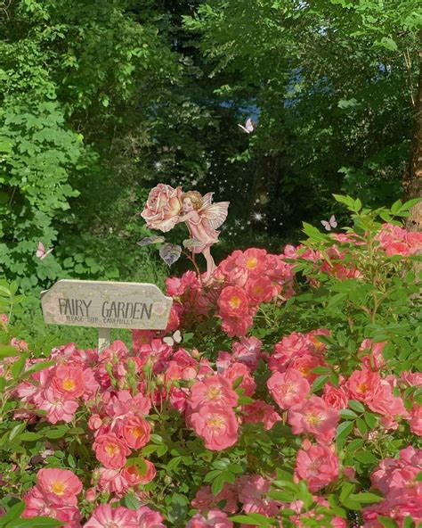 a garden with pink flowers and a sign that says fairy garden on it's side