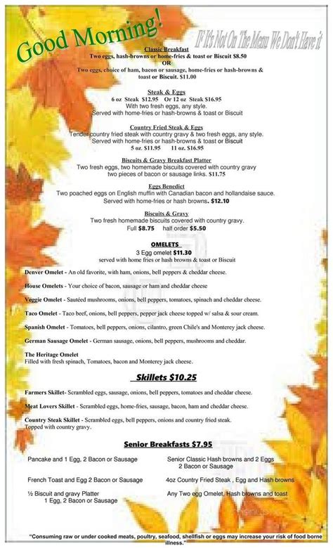 Menu of Heritage Family Restaurant in Springfield, OR 97477