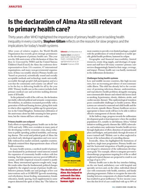 (PDF) Is the Declaration of Alma Ata Still Relevant to Primary Health Care?