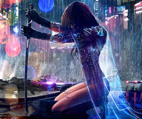 HD wallpaper: artwork, cyberpunk, Cyberpunk 2077, rain, sword, warrior ...