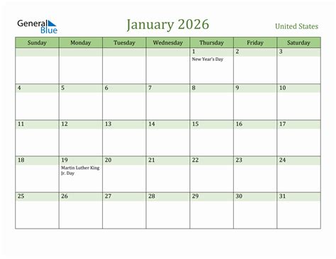 Fillable Holiday Calendar for United States - January 2026