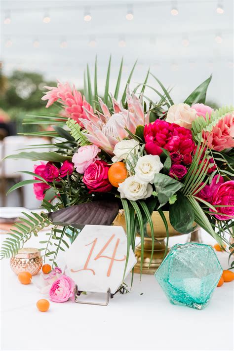 Palm Leaf, Protea, Rose and Fruit Centerpieces | Tropical wedding ...