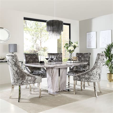 Vienna Extending Dining Table & 6 Imperial Chairs, Grey Marble Effect, Silver Crushed Velvet ...