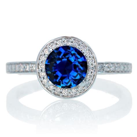 2 Carat Unique Classic Halo Round Sapphire and Diamond Bridal Ring Set on 10k White Gold ...