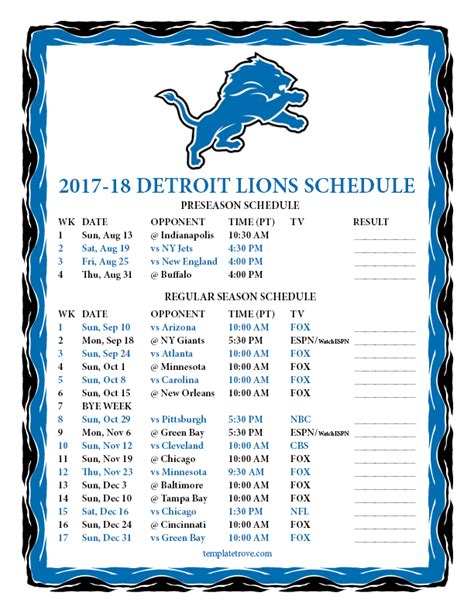 Printable 2017-2018 Detroit Lions Schedule