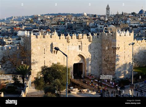 Damascus Gate with city walls, Old City, Jerusalem, from Paulus guest house, Israel, Middle East ...