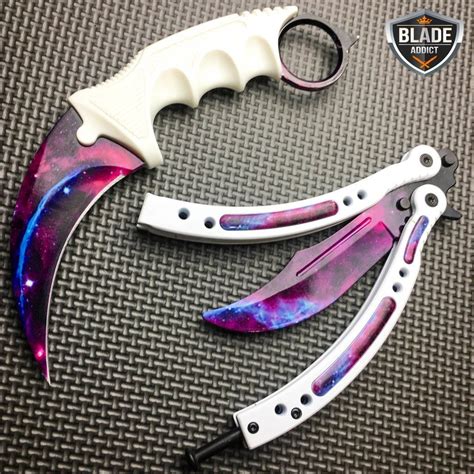 2PC CSGO White Galaxy Karambit Fixed Blade Butterfly Balisong Trainer ...