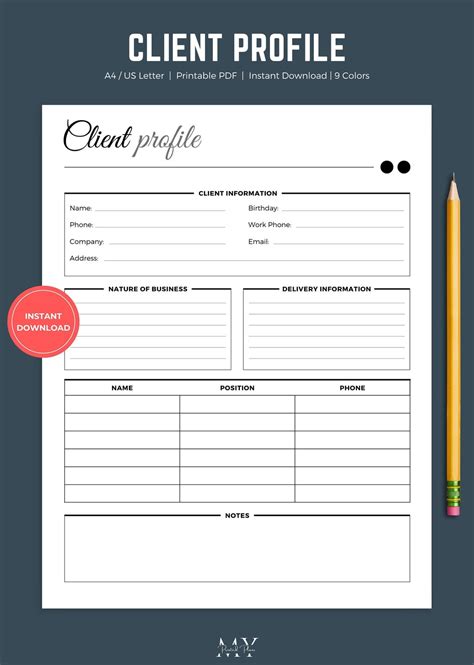 Client Profile Template Printable, Client Information Form, B2B Customer Profile & Info Sheet ...