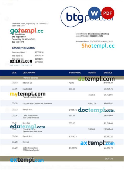 Btg Pactual Bank business checking account statement Word and PDF fake template - Faketemplate.ru