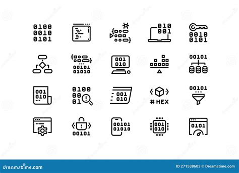 Programming Code Line Icons. Binary Hex and Machine Code Compiling and ...