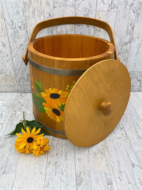 Hand painted Wood Bucket with Handle, Large Vintage Wooden Pail Basket, Basketville Rustic ...