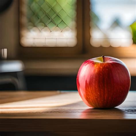 Premium AI Image | an apple sitting on a wooden table in a bright kitchen