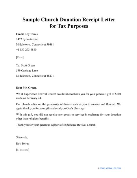 Sample Church Donation Receipt Letter for Tax Purposes - Fill Out, Sign Online and Download PDF ...