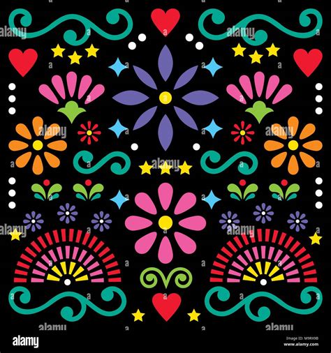 Mexican folk art vector pattern, colorful design with flowers greeting card inspired by ...