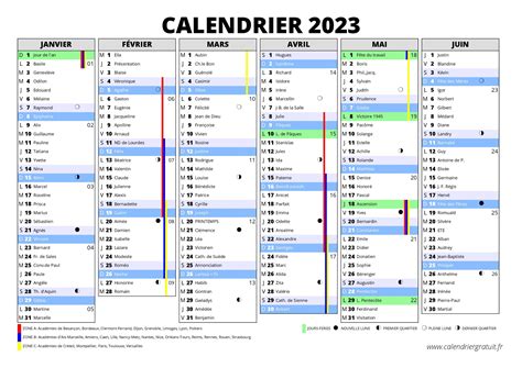 Calendrier 2023 à imprimer avec les vacances scolaires - Calendriers A4