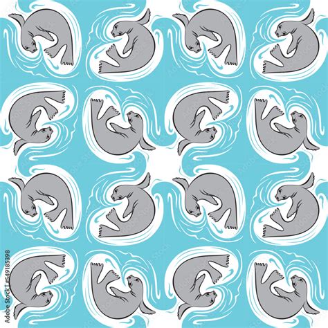 Cute fur seal animal seamless pattern. Gray Swimming sea lion in the ...