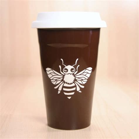 Bee Travel Mug BROWN ceramic coffee cup w/ lid by BreadandBadger