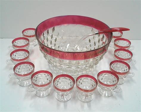 Vintage Cranberry Glass Punch Bowl Set of 14 - 1970s