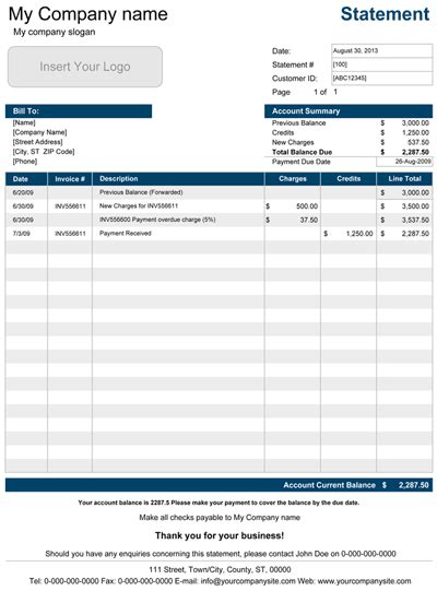 Printable Account Statement Template for Excel