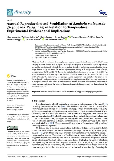 (PDF) Asexual Reproduction and Strobilation of Sanderia malayensis (Scyphozoa, Pelagiidae) in ...