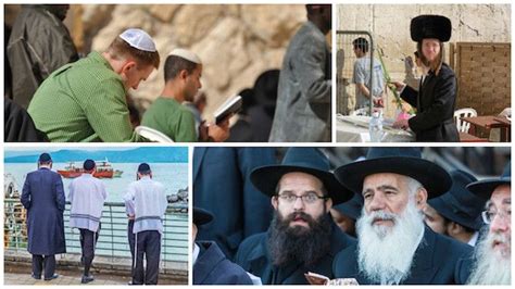 Jewish men wearing kippot (left), a shtreimel (top right) and black hats (lower right). The ...