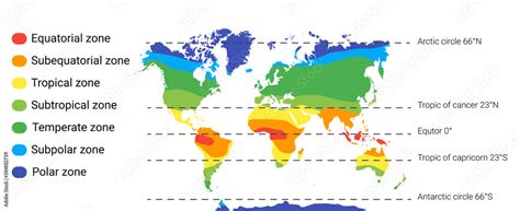 climate zones map. Vector with equatorial, tropical, polar, temperate and sub- zones Stock ...