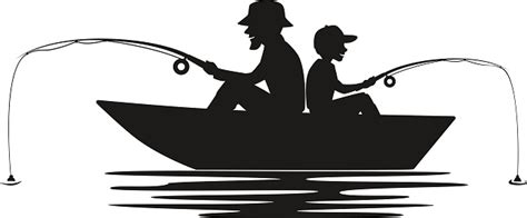 Father And Son Fishing On Boat On A Lake Silhouette Stock Illustration ...