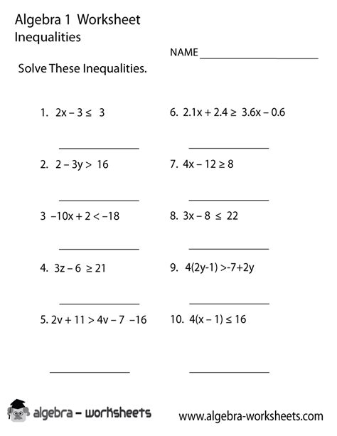 Print the Free Inequalities Algebra 1 Worksheet - Printable Version