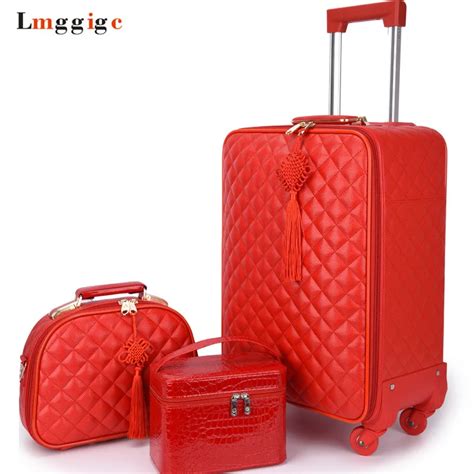 Women 's Travel Rolling Luggage Suitcase bag set,Red Waterproof PU leather Bag with Wheel ,20"24 ...