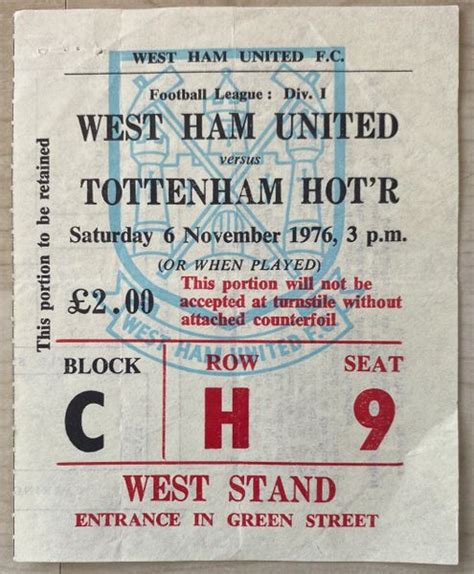 1976/77 ORIGINAL DIVISION ONE TICKET WEST HAM UNITED TOTTENHAM HOTSPUR | MATCH WORN FOOTBALL ...