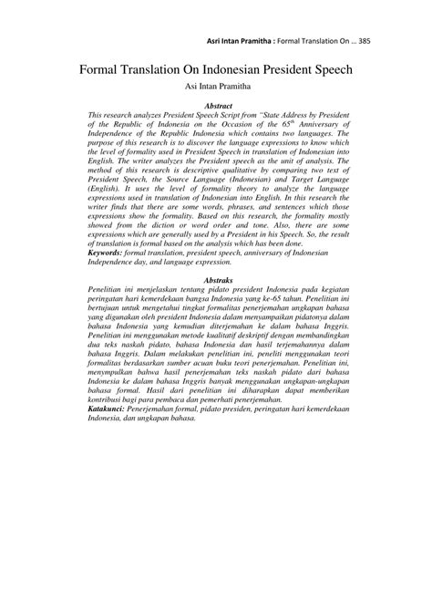 (PDF) Formal Translation On Indonesian President Speech