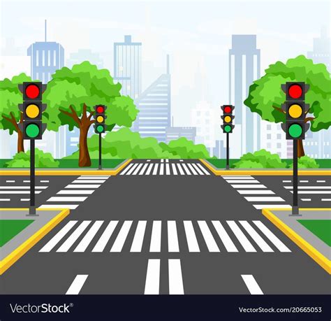 Vector illustration of streets crossing in modern city, city crossroad with traffic lights ...